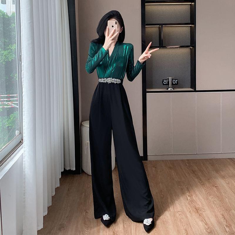 Long-Sleeve Faux Leather Wide Leg Jumpsuit Product Image