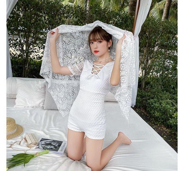 Set: Short-Sleeve Plain Open Back Lace Panel Swimsuit + Cover Up Product Image