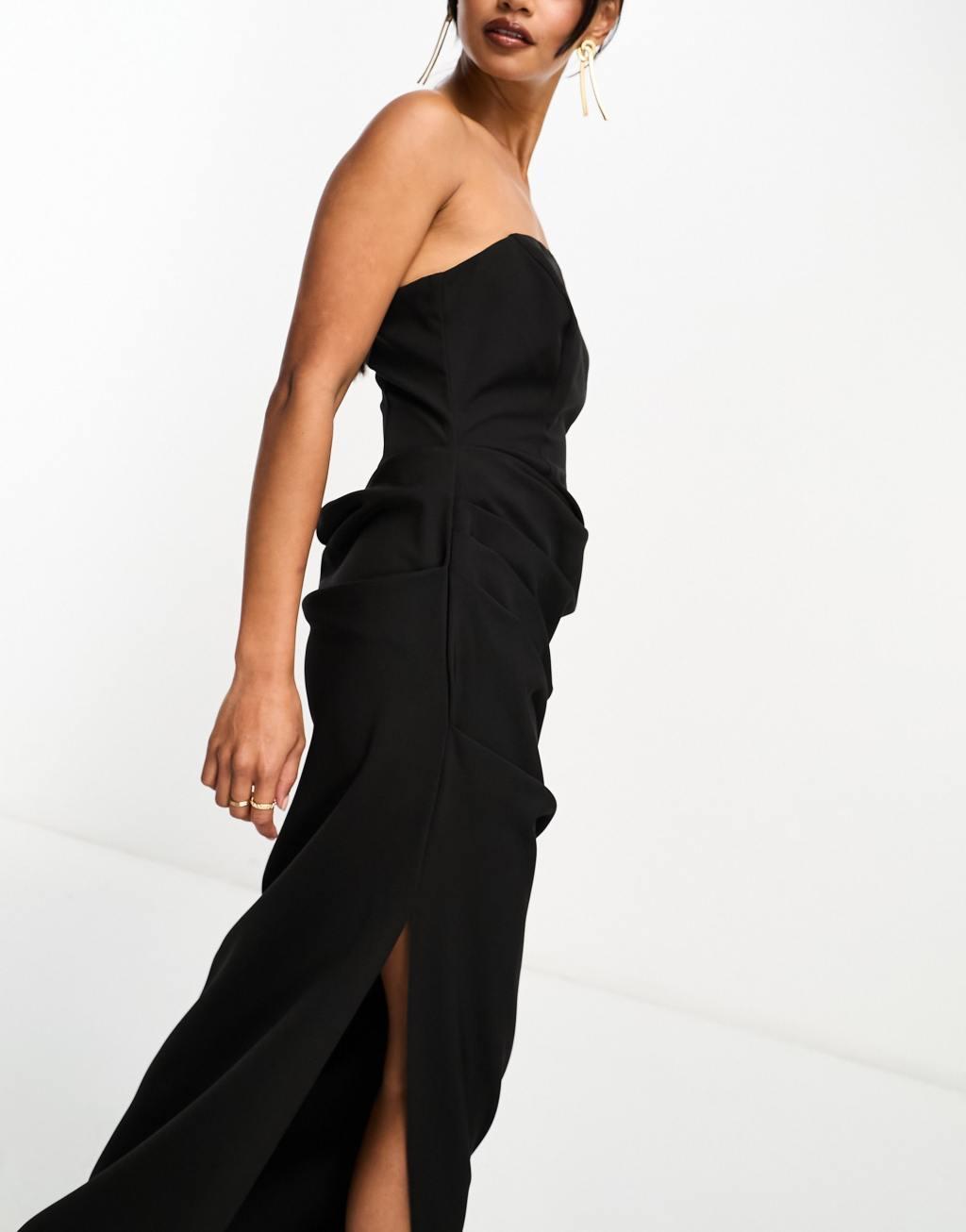 ASOS DESIGN corset bandeau maxi dress with ruched skirt in black Product Image