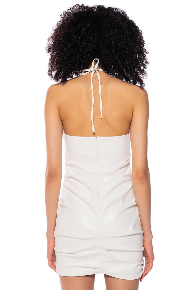 PEEKABOO RUCHED HALTER MINI DRESS IN WHITE Product Image