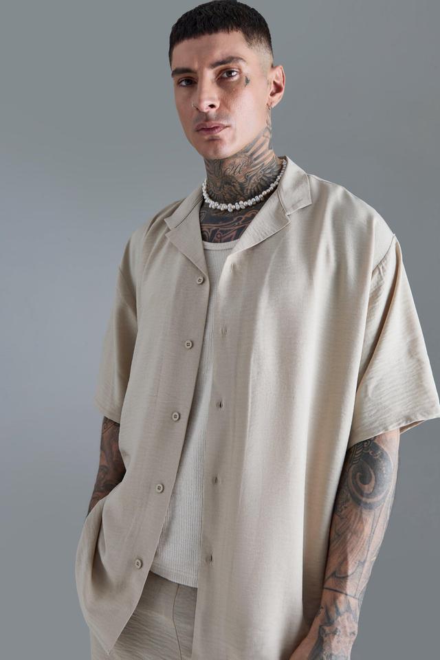 Tall Short Sleeve Oversized Linen Shirt In Natural | boohooMAN USA Product Image