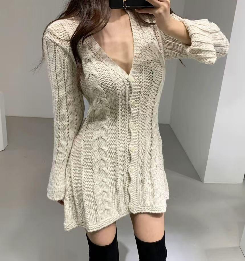 Long-Sleeve V-Neck Cable Knit Button Front Mini Sheath Knit Dress Product Image