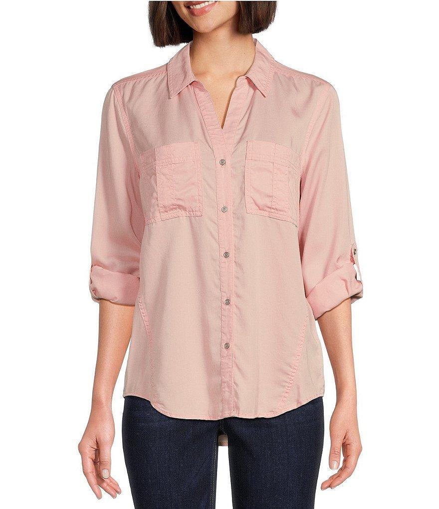 Westbound Woven Long Roll-Tab Sleeve Point Collar Y-Neck Button Front Shirt Product Image