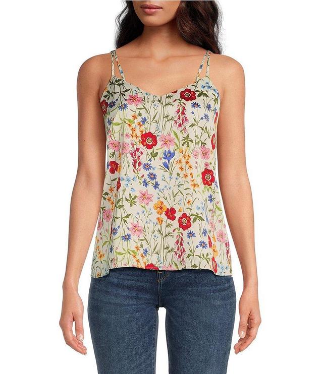 Skies Are Blue Floral Print V Neckline Double Strap Tank Top Product Image