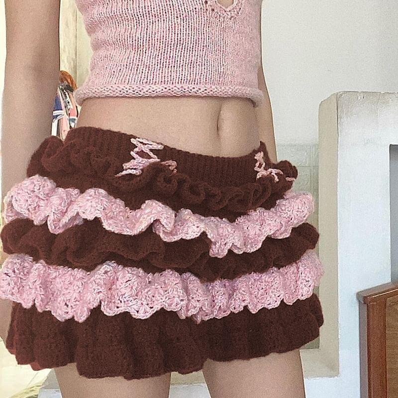 Low Rise Color-Block Ruffled Crochet-Knit Mini Skirt Product Image