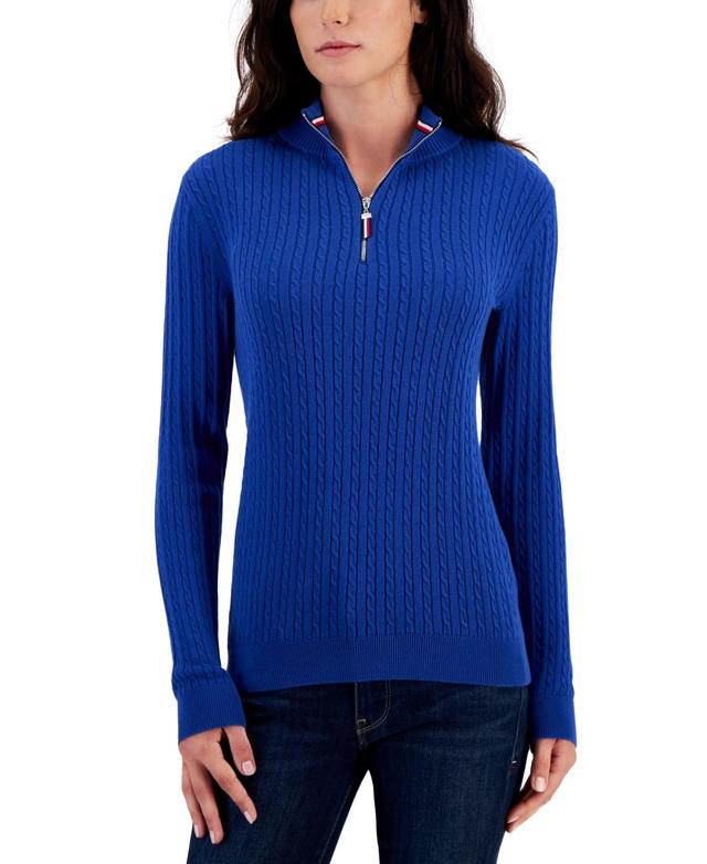 Tommy Hilfiger Womens Cotton Quarter-Zip Cable-Knit Sweater Product Image