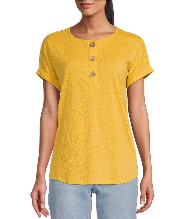 Westbound Petite Size Crinkle Henley Crew Neck Cuffed Rounded Hem Short Sleeve Top Product Image