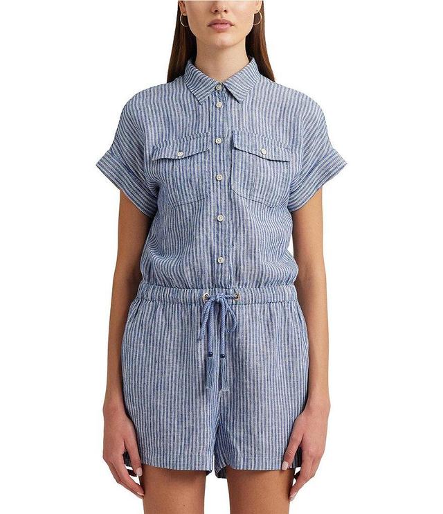 Lauren Ralph Lauren Joenert Pinstripes Point Collar Short Cuffed Sleeve Pull-On Romper Product Image