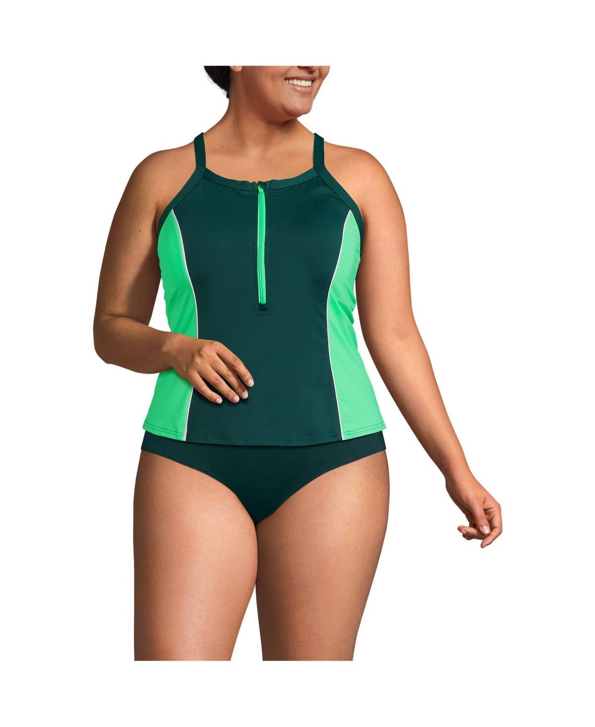 Plus Size Lands End Chlorine Resistant High Neck Zip Front Racerback Tankini Swimsuit Top, Womens Product Image