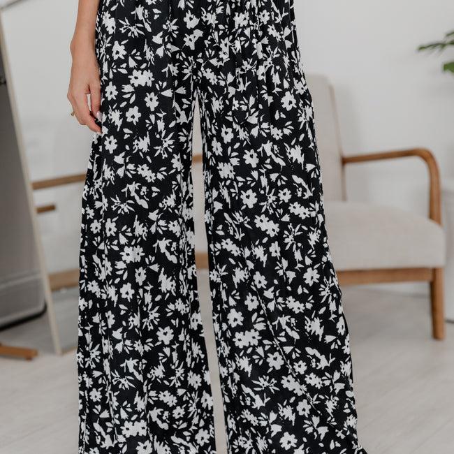 Unwinding In Paradise Black Floral Tie Waist Pants Product Image