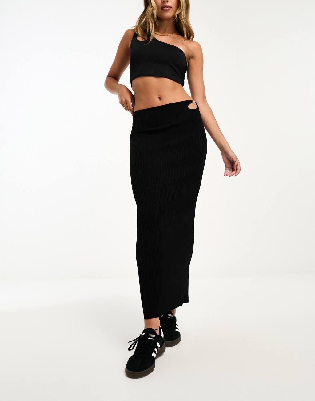 Bershka cut out buckle detail knitted midi skirt in black Product Image