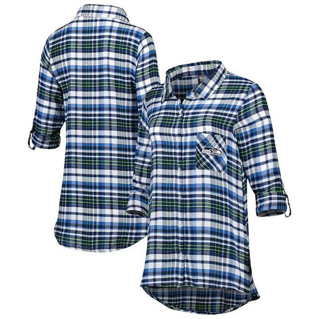 Womens Concepts Sport College /Neon Green Seattle Seahawks Mainstay Flannel Full-Button Long Sleeve Nightshirt Blue Product Image