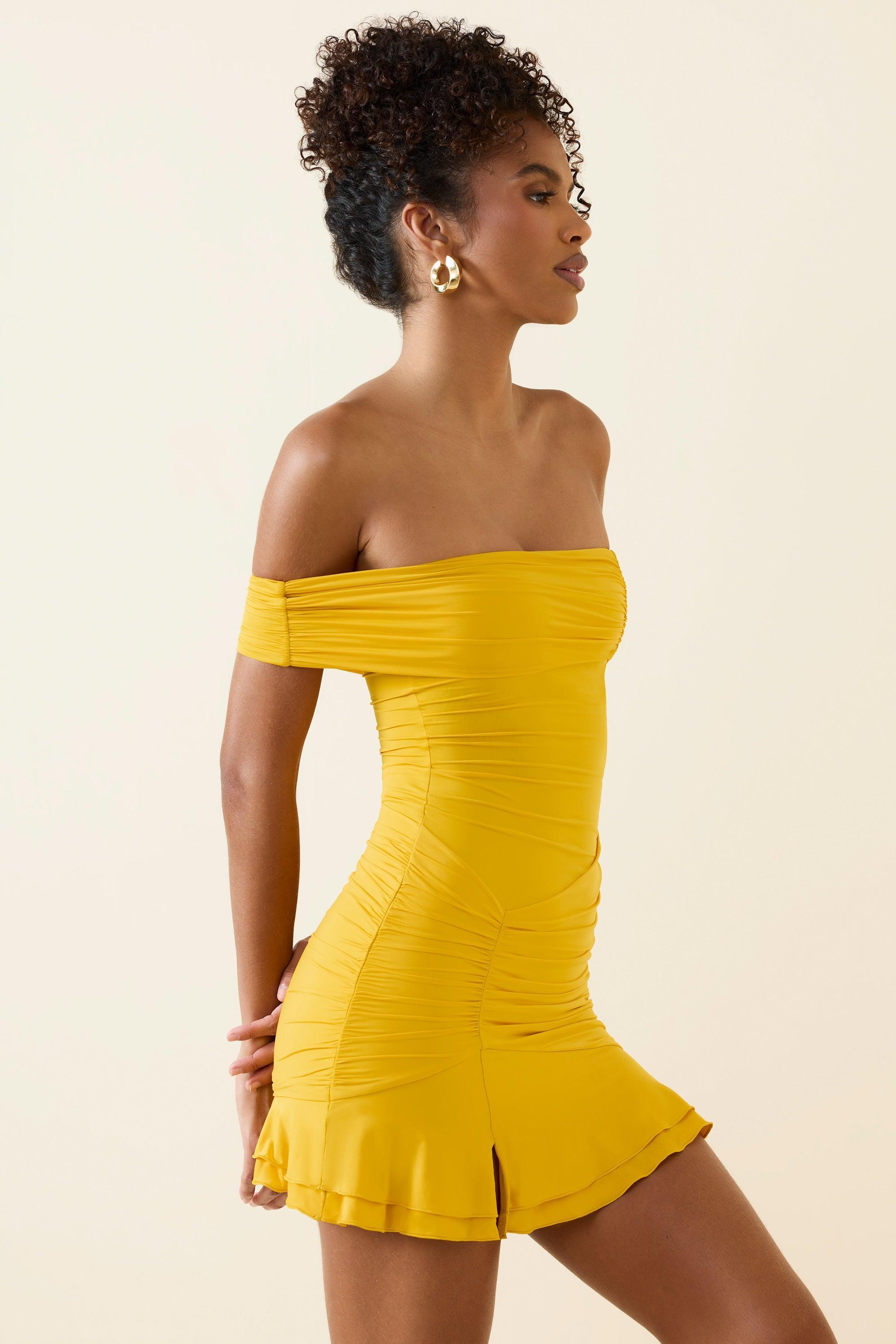 Asymmetric Ruched One-Shoulder Mini Dress in Golden Yellow Product Image