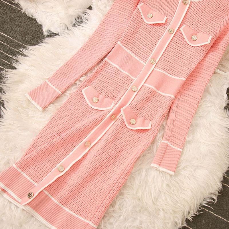 Long-Sleeve Striped Knit Midi Sheath Dress Product Image