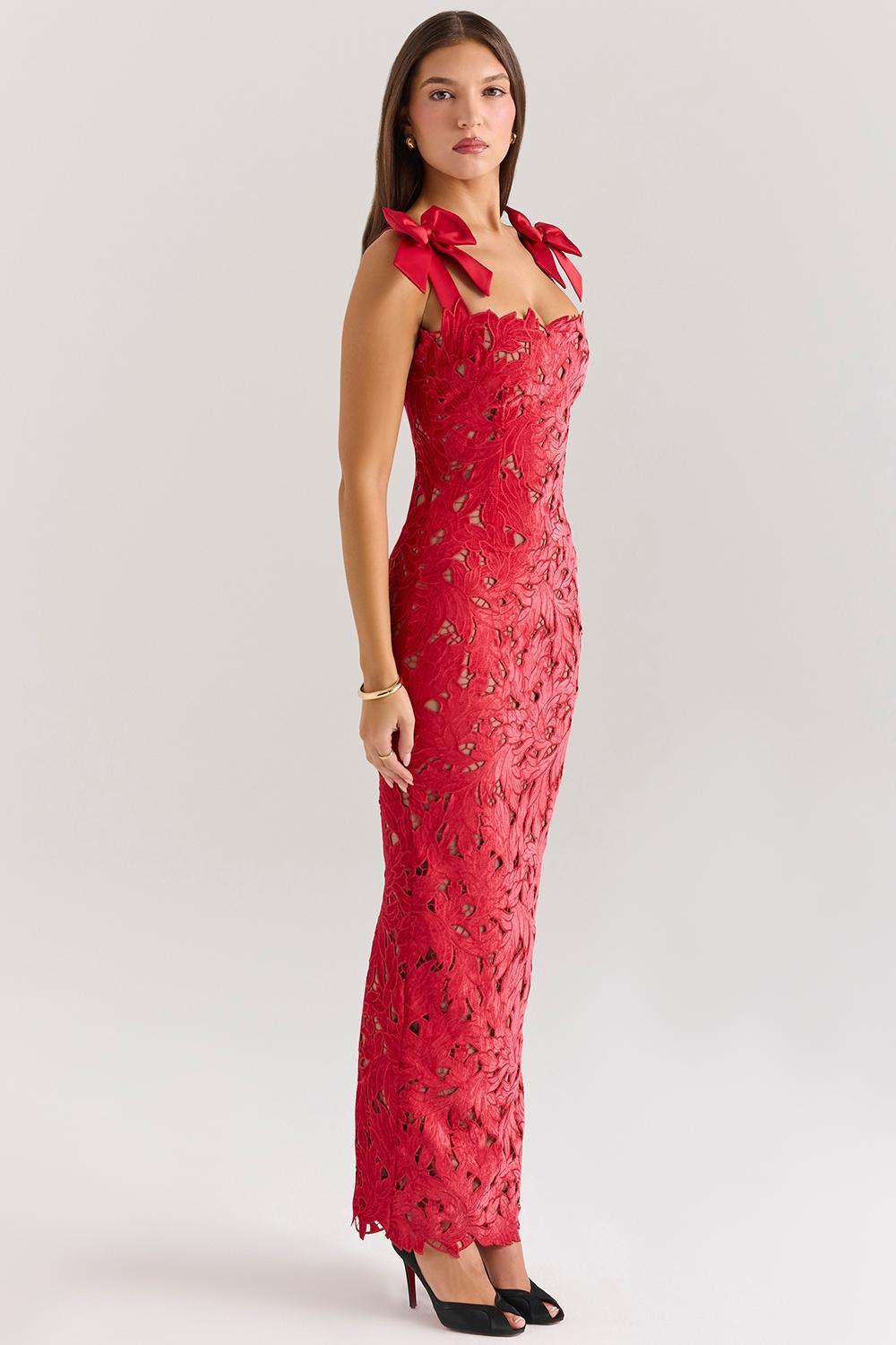 Tiff Holly Red Velvet Lace Maxi Dress Product Image