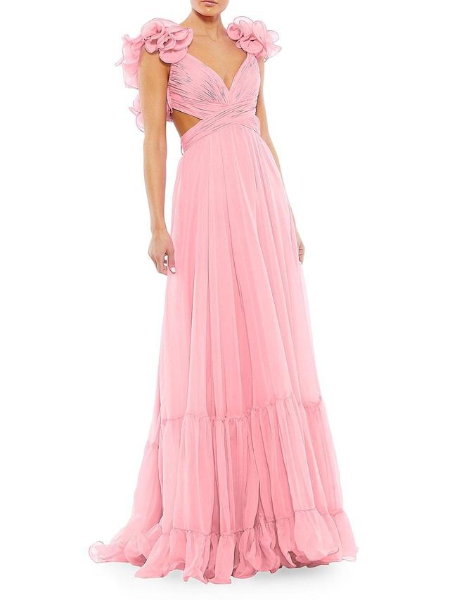 Ieena Mac Duggal Chiffon V-Neck Sleeveless Cut-Out Strappy Back Detail Tiered Ruffle Hem Gown Product Image