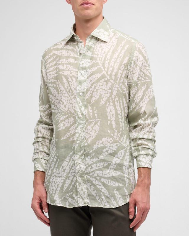 Men's Linen Floral-Print Casual Button-Down Shirt Product Image