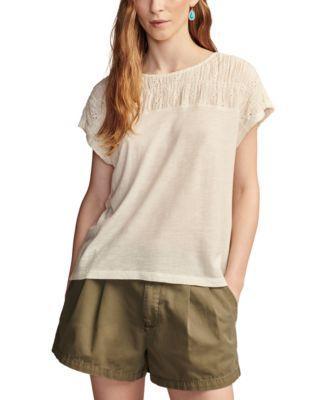 Lucky Brand Smocked Schiffly Mixed Dolman Tee (Coral Almond) Women's Clothing Product Image