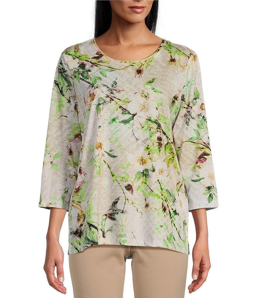 Allison Daley Embellished Floral Branch Print 3/4 Sleeve Crew Neck Knit Top Product Image