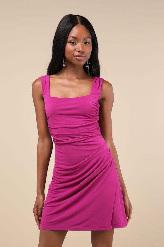 Sweetheart Glam Magenta Slinky Knit Tie-Back Mini Dress Product Image