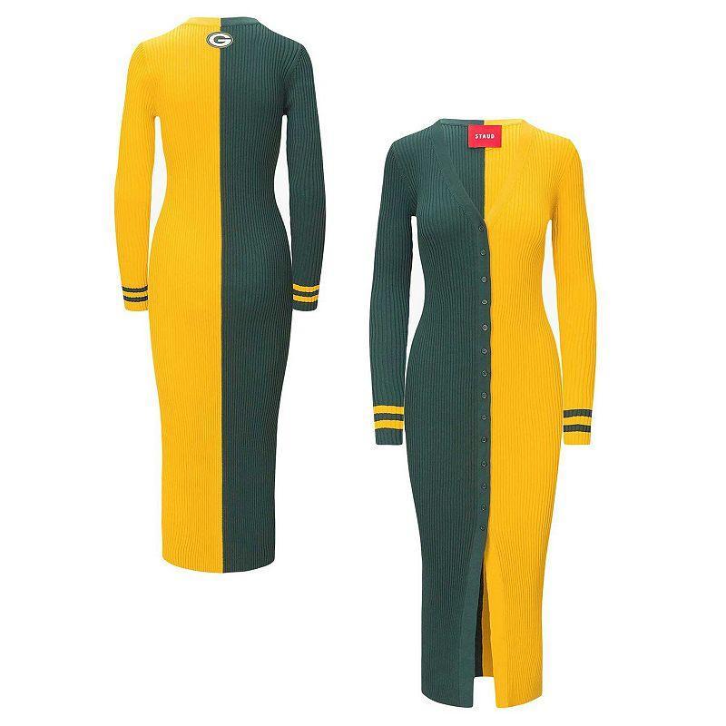 Womens STAUD Green/Gold Green Bay Packers Shoko Knit Button-Up Sweater Dress Product Image