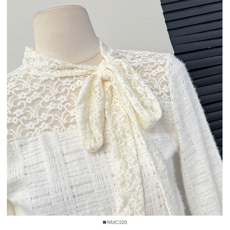 Lace-Panel Tie-Neck Lace Top Product Image