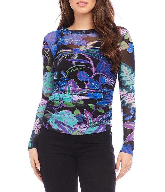 Karen Kane Petite Size Tropical Print Crew Neck Long Sleeve Side-Shirred Mesh Top Product Image