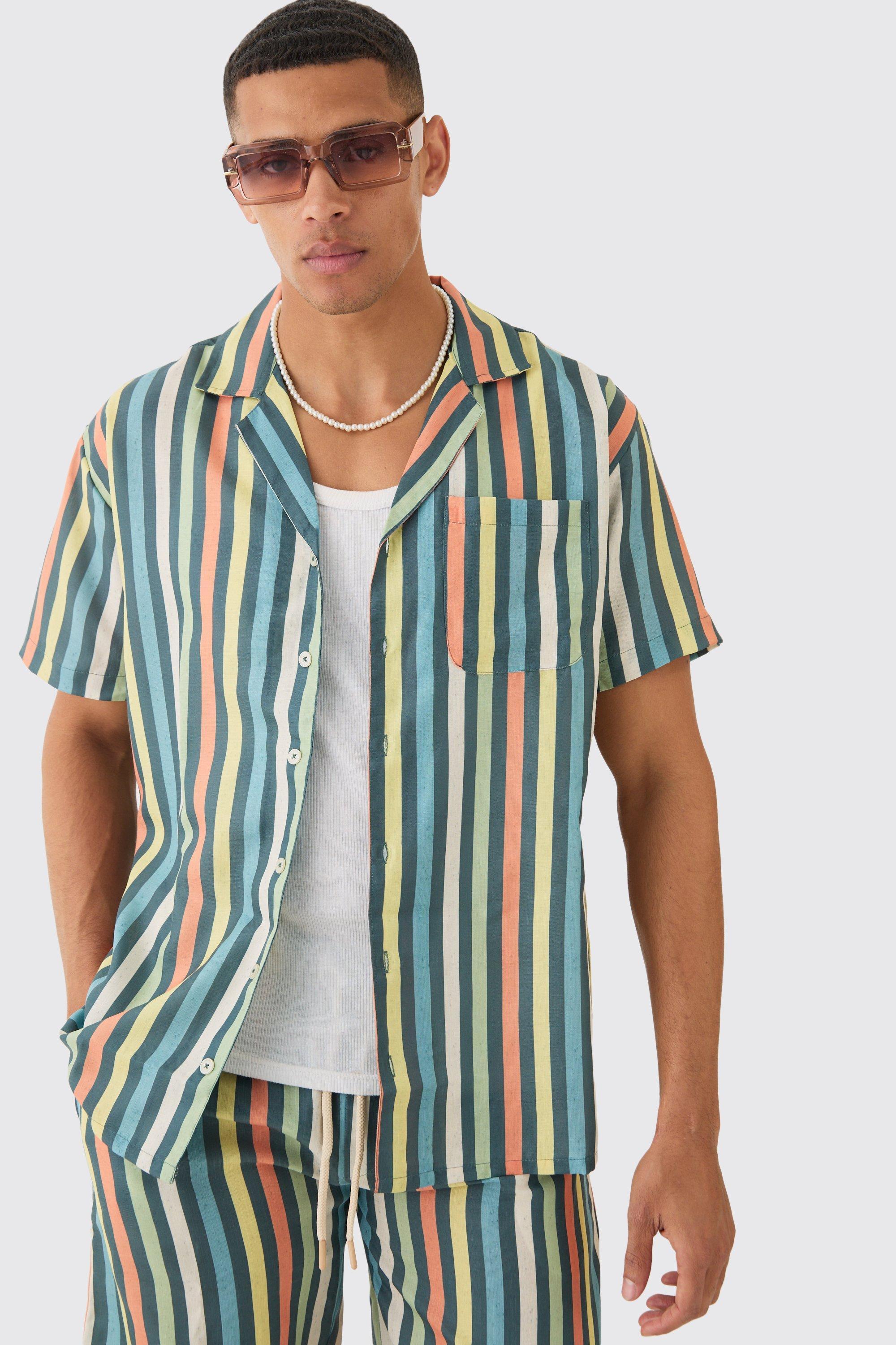 Mens Multi Short Sleeve Oversized Revere Stripe Shirt, Multi Product Image