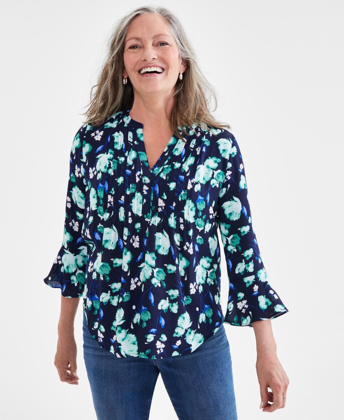 Style & Co Womens Printed Pintuck Ruffle Sleeve Top, Regular & Petite, Created for Macys Product Image