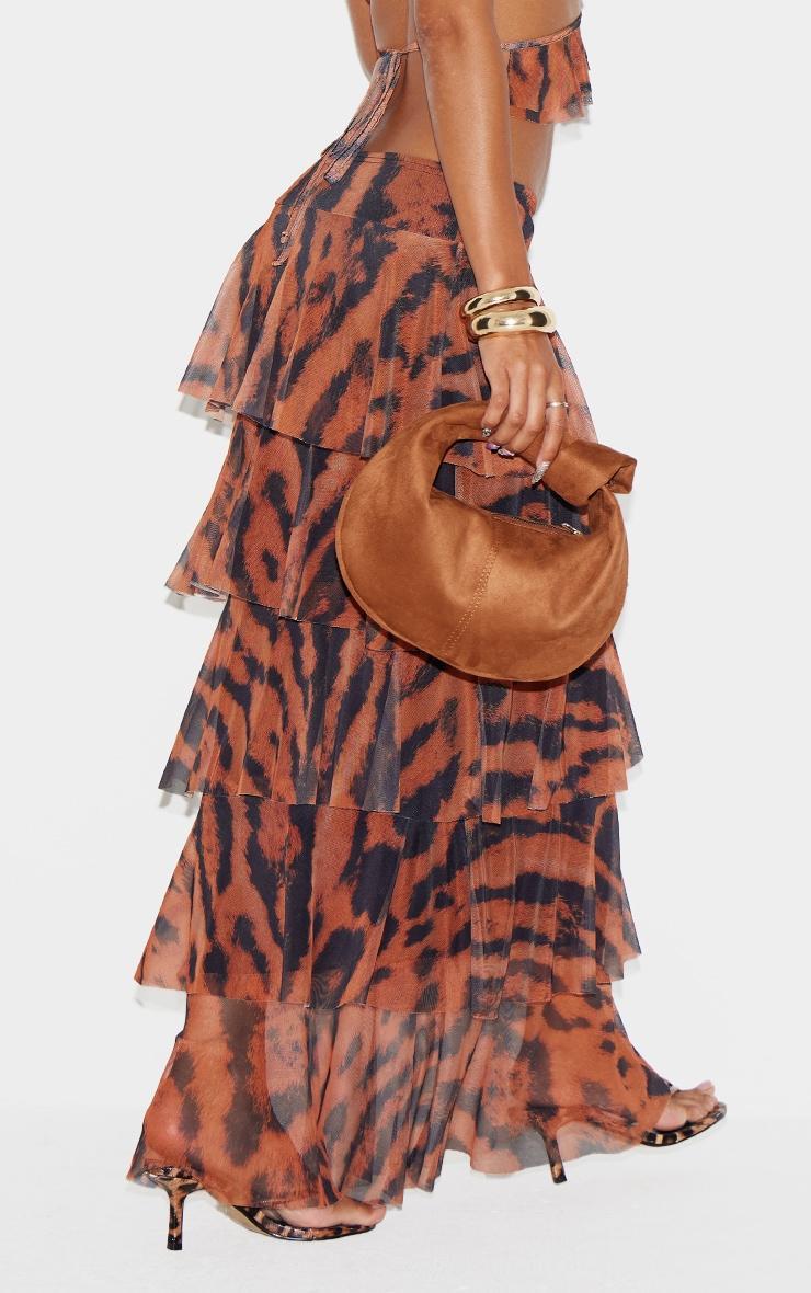 Brown Animal Printed Mesh Rara Maxi Skirt Product Image