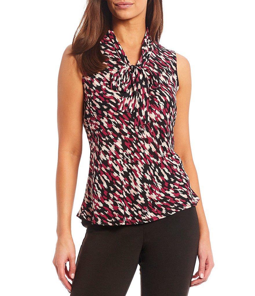 Kasper Petite Size Tie V-Neck Sleeveless Printed Top Product Image