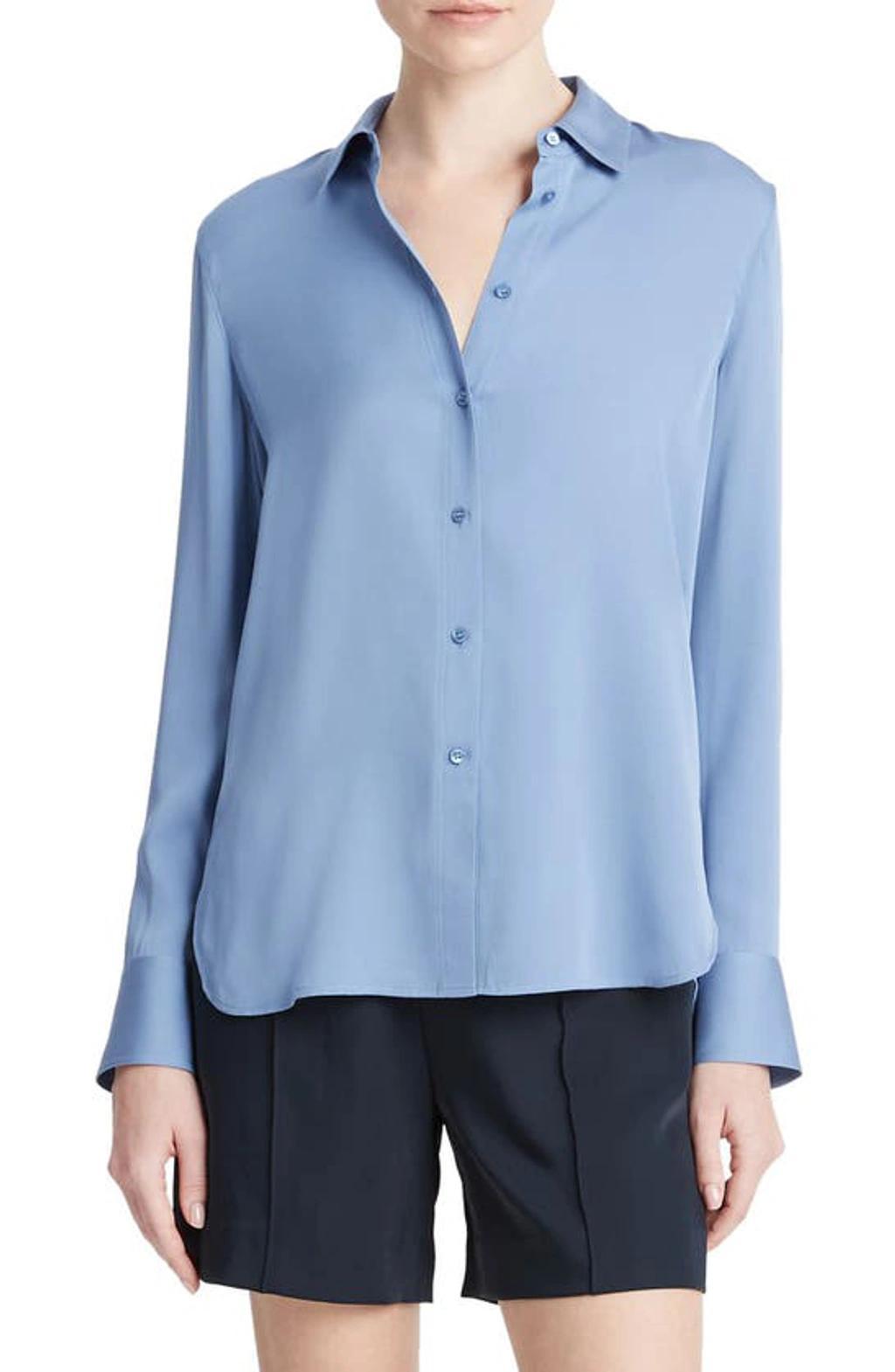 Slim-fitted Stretch Silk Button-front Blouse In Azure Gem product image