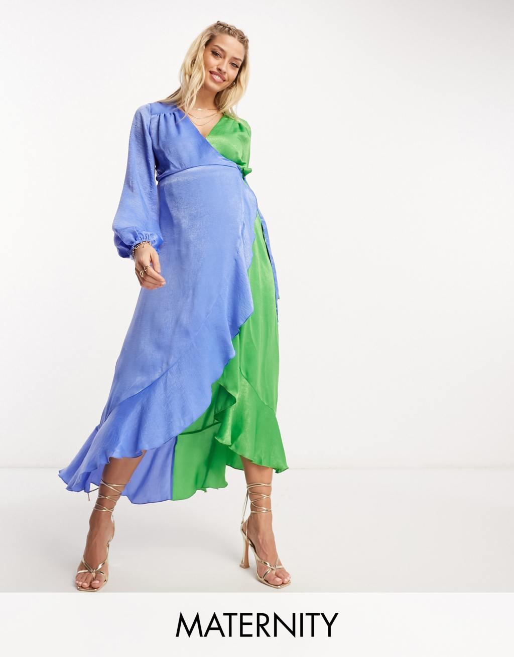 Flounce London Maternity balloon sleeve ruffle maxi dress in contrast blue and green Product Image