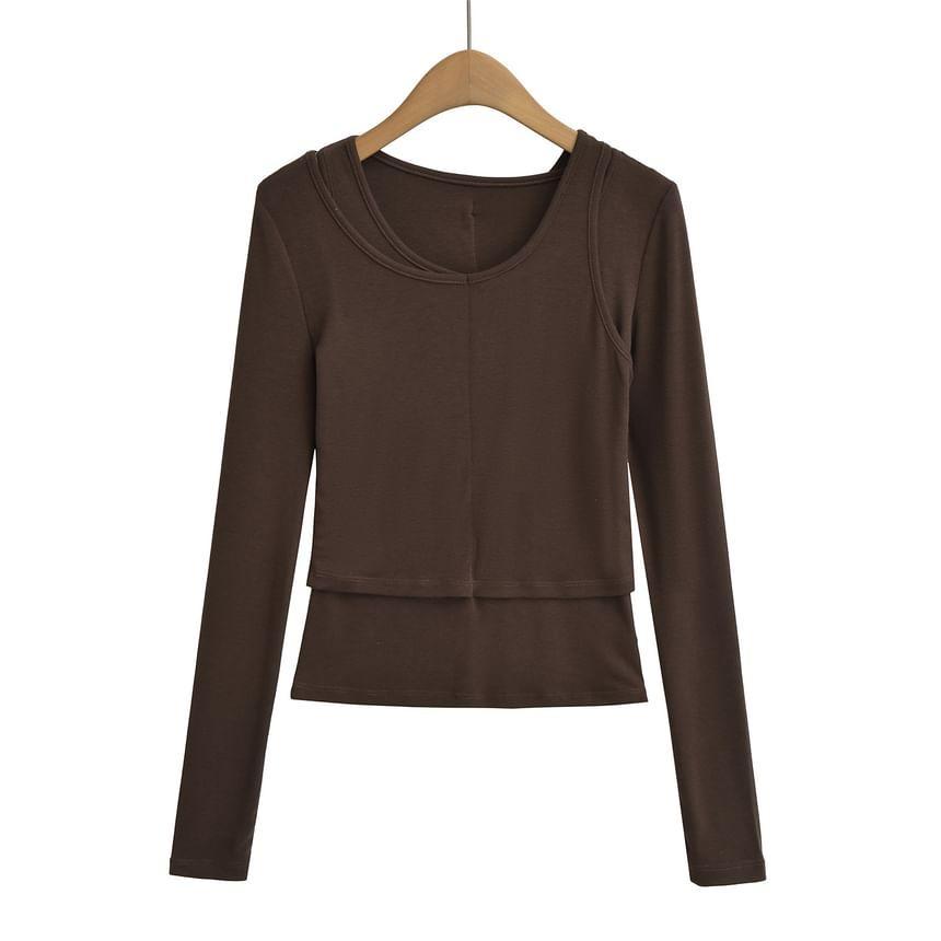 Long Sleeve Cold Shoulder Plain Crop T-Shirt Product Image