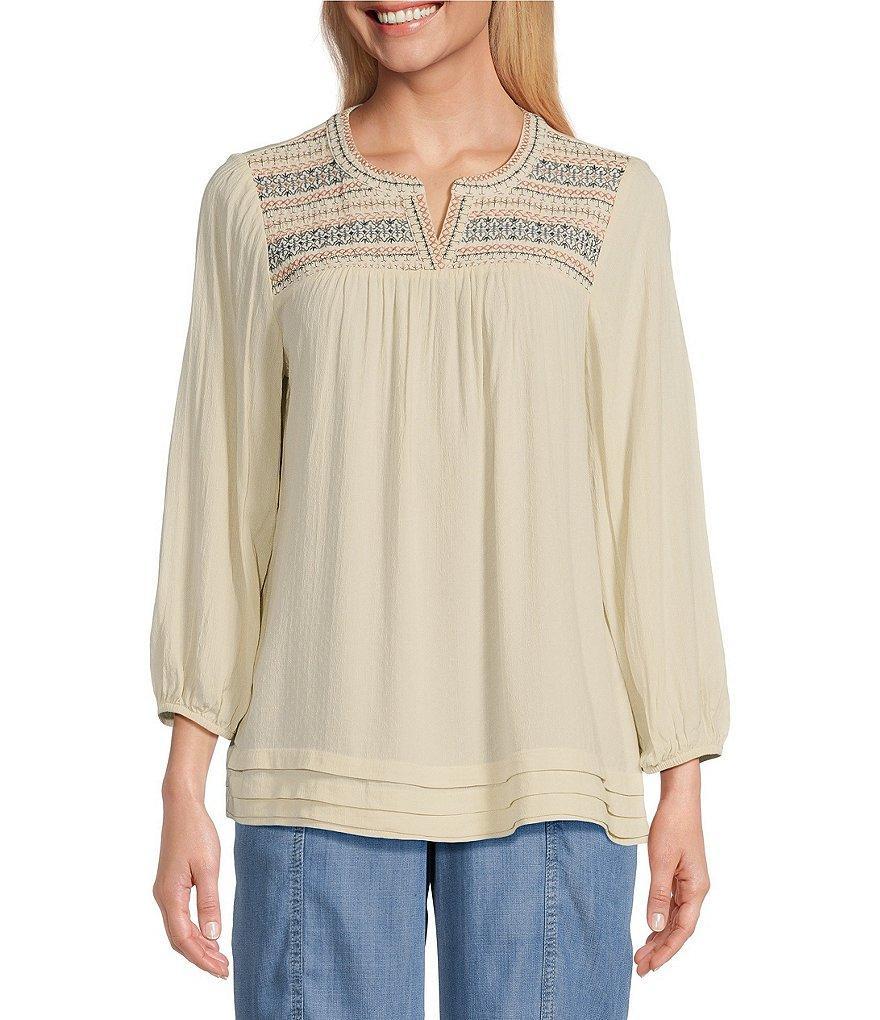 Nurture by Westbound Embroidered Split Round Neck 3/4 Sleeve Blouse Product Image