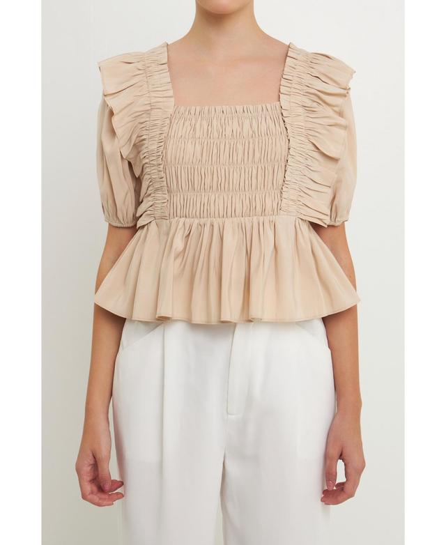 Endless Rose Smocked Detail Puff Sleeve Top in Beige at Nordstrom, Size Large Product Image