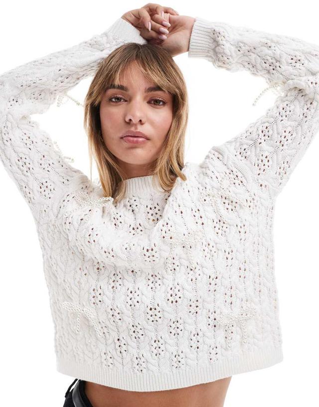 Miss Selfridge open stitch faux pearl boxy sweater in cream Product Image