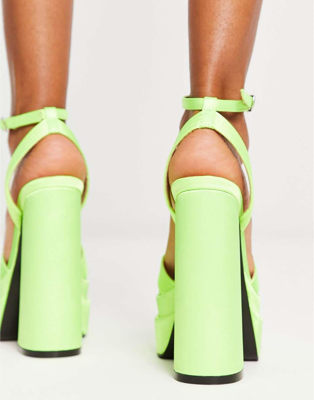 Glamorous satin platform heeled sandals in lime Product Image