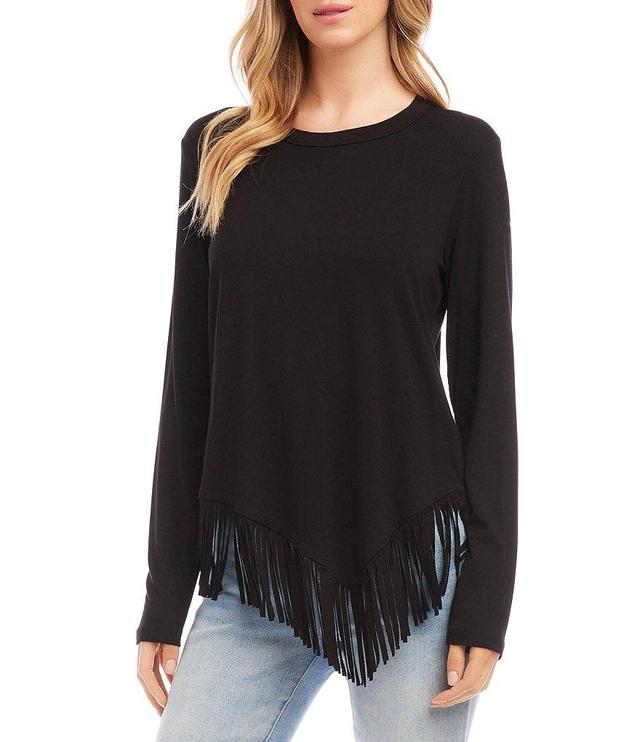 Karen Kane Jersey Knit Crew Neck Long Sleeve Asymmetric Fringe Hem Top Product Image