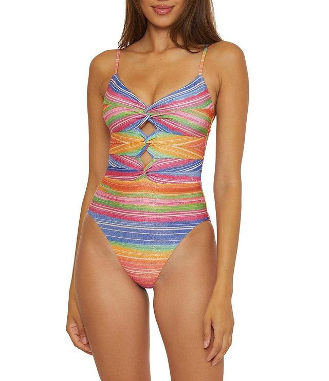 Becca by Rebecca Virtue Shoreline Metallic Stripe Camille V-Neck Triple Twist Drape One Piece Swimsuit Product Image