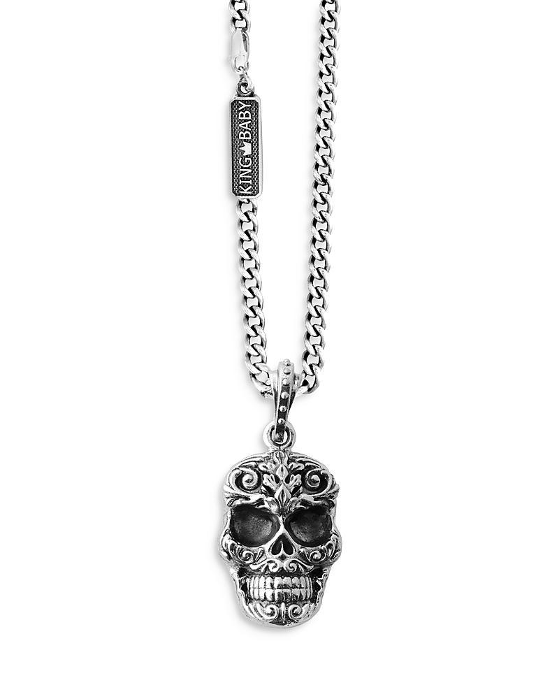 Mens Sterling Silver Carved Baroque Skull Pendant Necklace Product Image