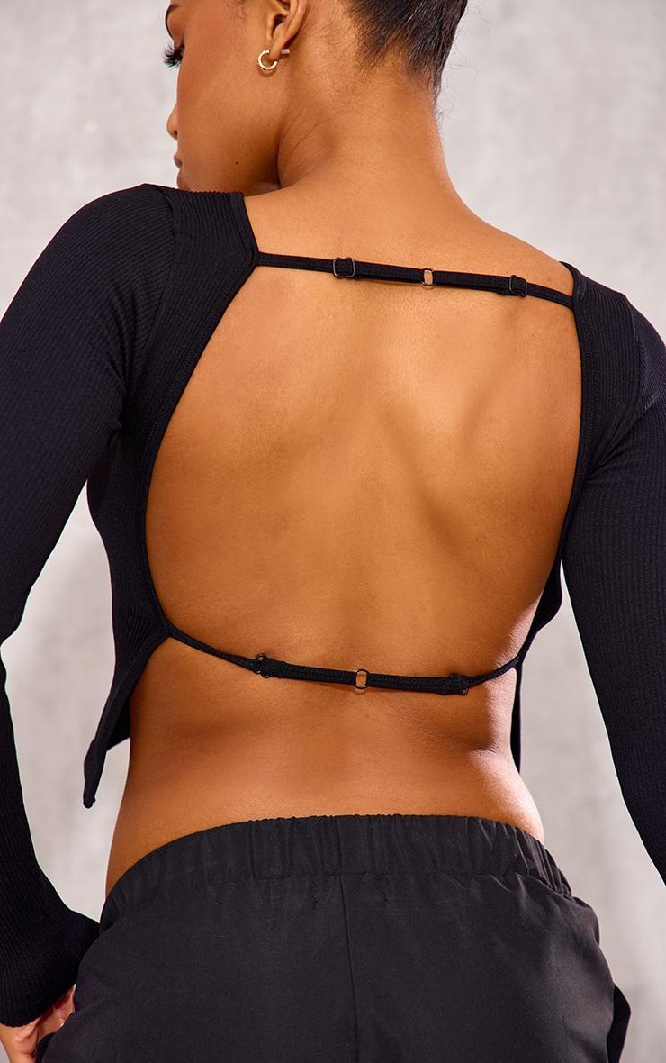 Black Snatched Rib Back Detail Long Sleeve Top Product Image