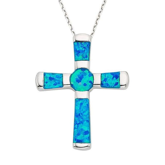 Lab-Created Blue Opal Sterling Silver Cross Pendant Necklace, Womens Product Image