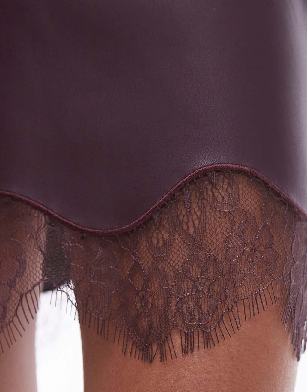 Topshop Faux leather lace insert mini skirt in burgundy Product Image