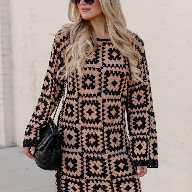 Build Courage Black and Tan Crochet Long Sleeve Lined Mini Dress Product Image