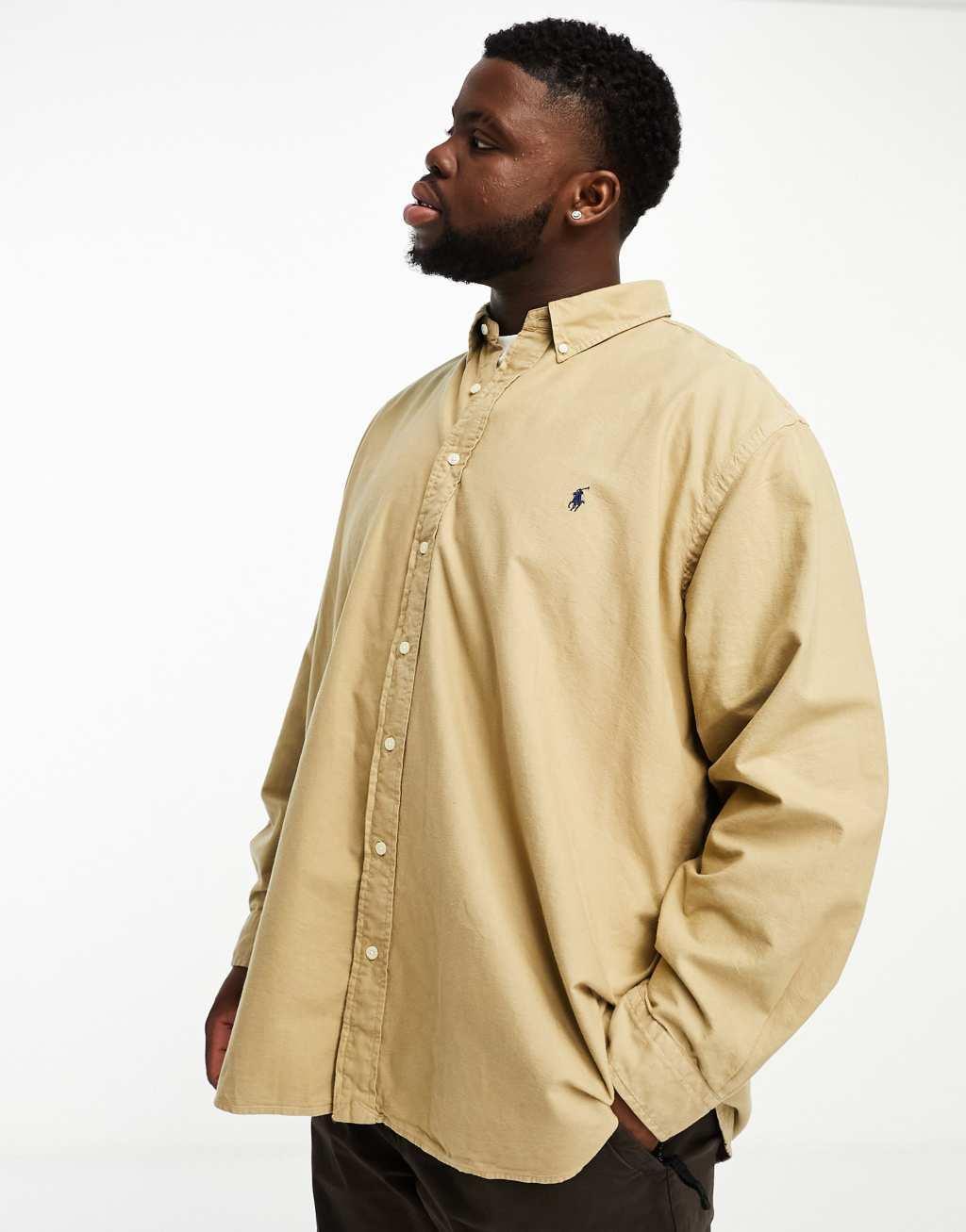 Polo Ralph Lauren Big & Tall icon logo classic fit garment dyed oxford shirt in tan Product Image