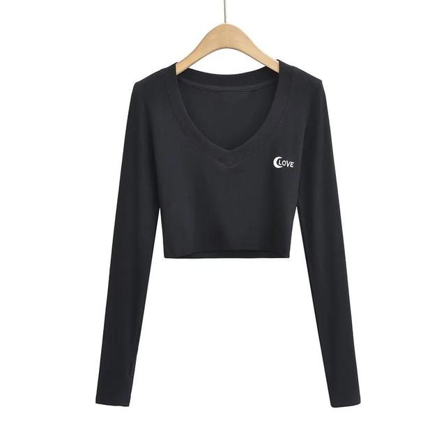 Long-Sleeve V-Neck Letter Embroidered Cropped Tee Product Image