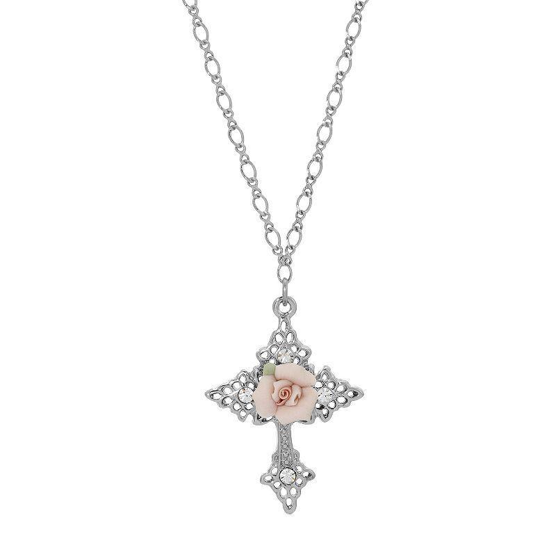 Symbols of Faith Silver Tone Simulated Crystal Porcelain Rose Cross Pendant Necklace, Womens, Pink Product Image