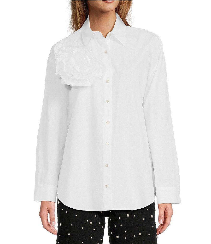 Antonio Melani Birdie 3D Rosette Cotton Poplin Point Collar Dropped Long Sleeve Button Down Blouse Product Image