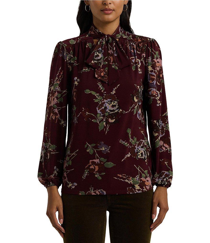 Lauren Ralph Lauren Floral Stretch Jersey Tie-Neck Long Sleeve Top Product Image